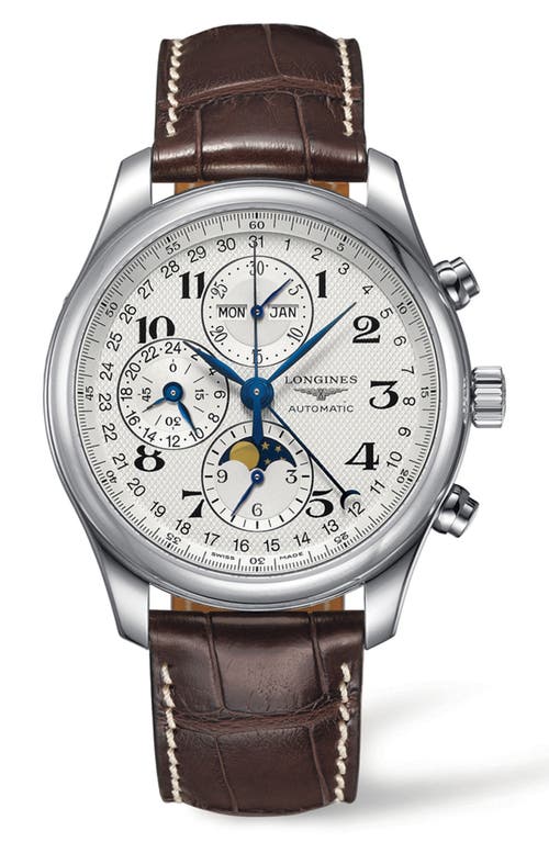 Longines Master Automatic Chronograph Leather Strap Watch, 42mm in Brown/Silver at Nordstrom
