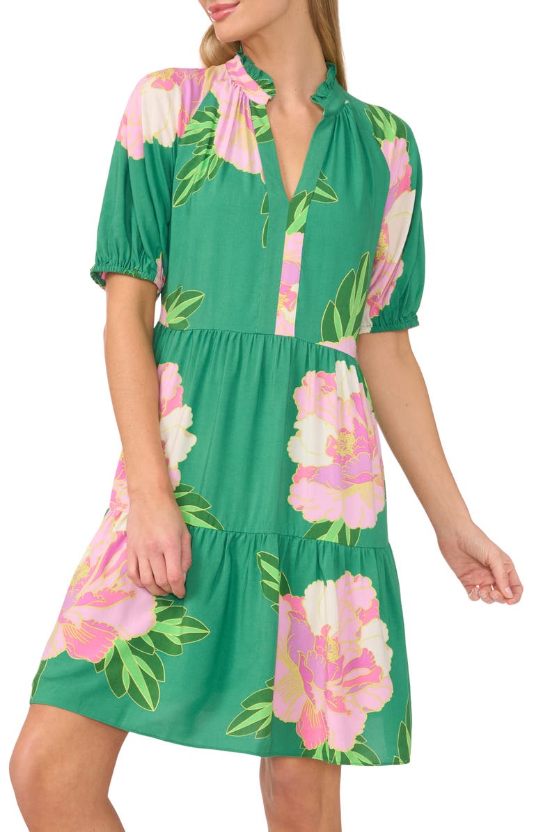 CeCe Floral Print Tiered Dress, Alternate, color, Medium Green
