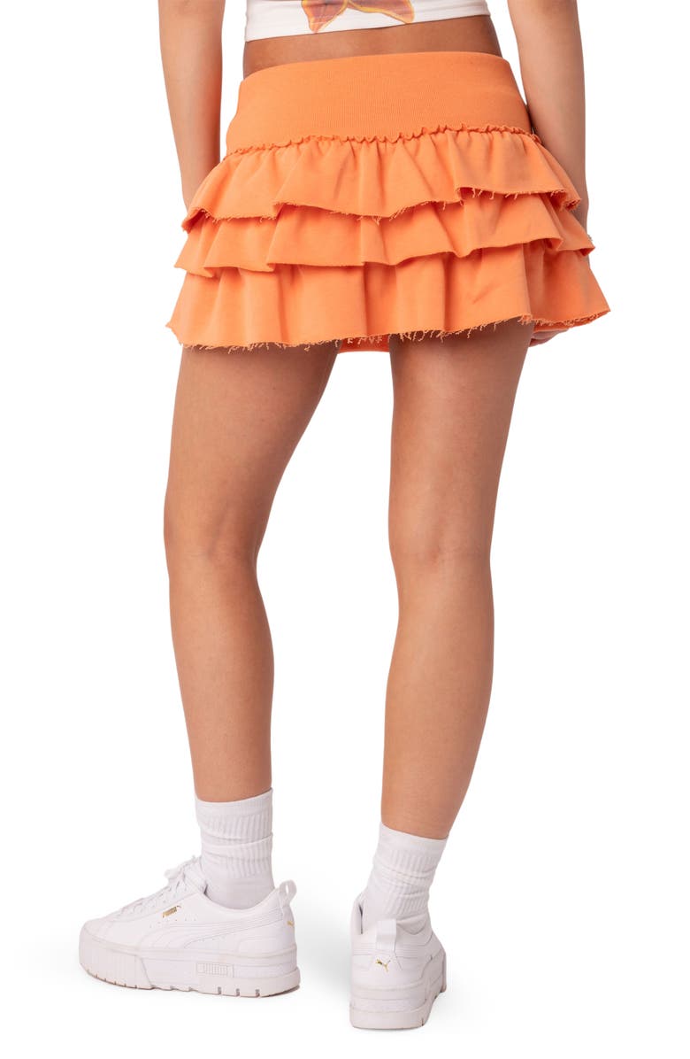 EDIKTED Martina Tiered Ruffle Stretch Cotton French Terry Skirt, Alternate, color, Orange