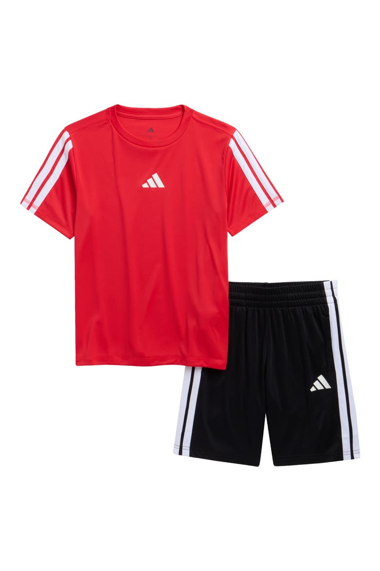 Kids' 3-Stripes Recycled Polyester T-Shirt & Shorts Set, Main, color, PURE RUBY