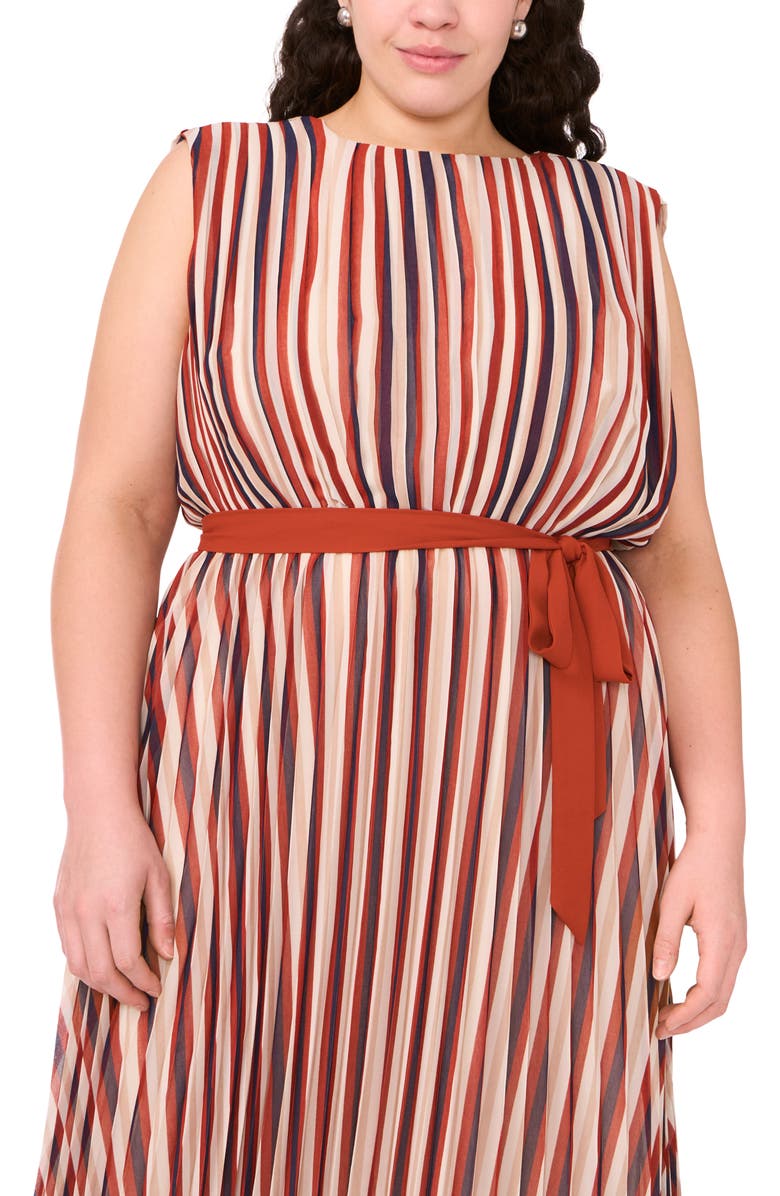 Halogen<sup>®</sup> Brandy Street Stripe Pleated Belted Midi Dress, Alternate, color, Burnt Henna