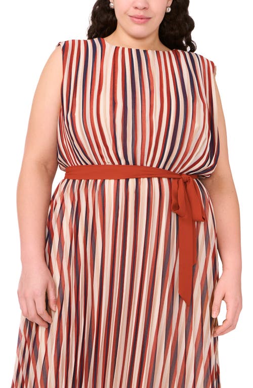 Halogen ® Brandy Street Stripe Pleated Belted Midi Dress In Brown
