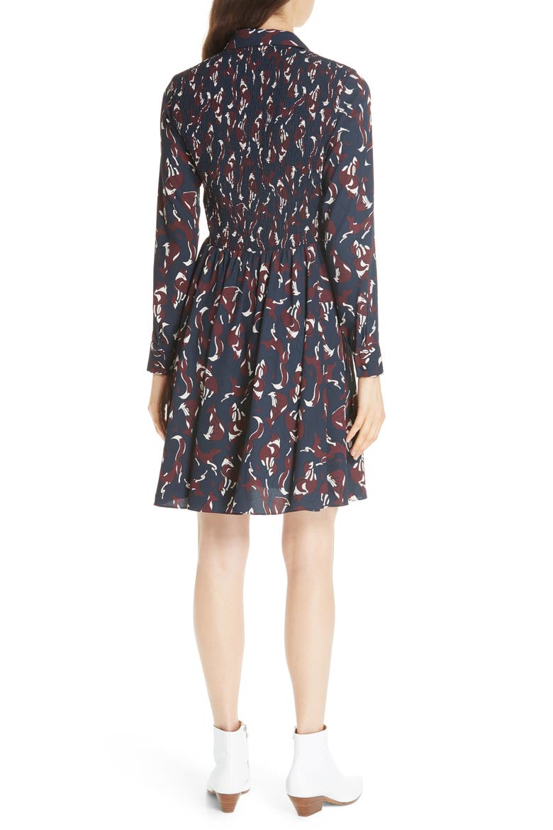 kate spade new york foxes smocked shirtdress, Alternate, color, VOYAGE BLUE