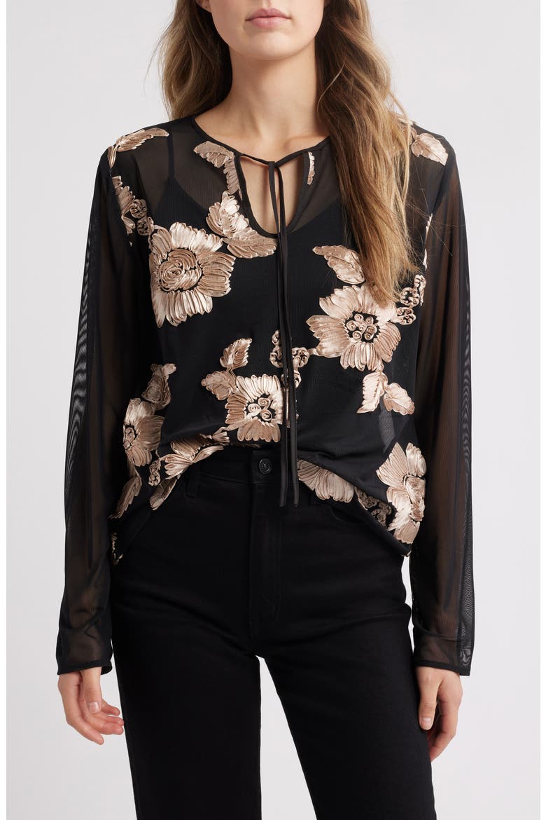 Frea Floral Tie Neck Top, Main, color, BLACK