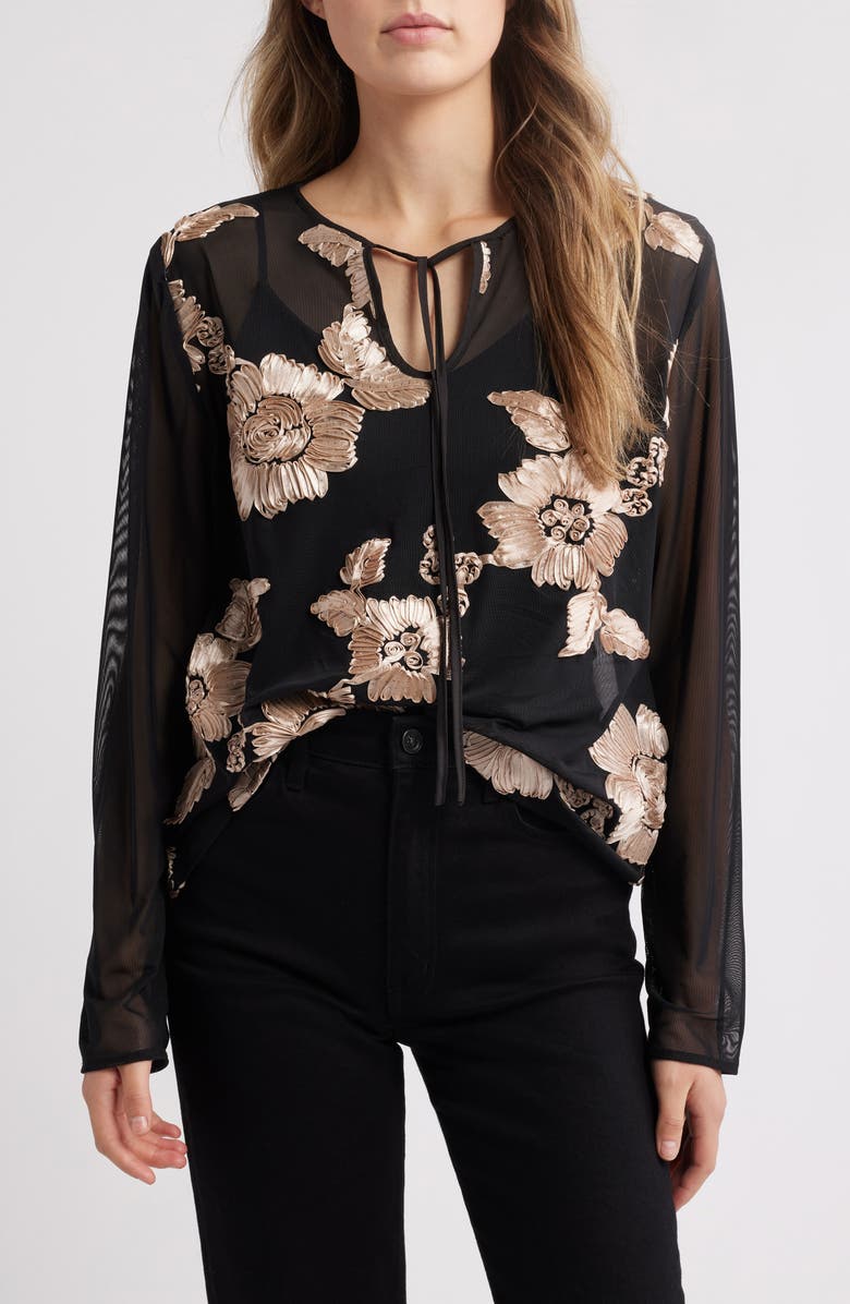 NIKKI LUND Frea Floral Tie Neck Top, Main, color, Black