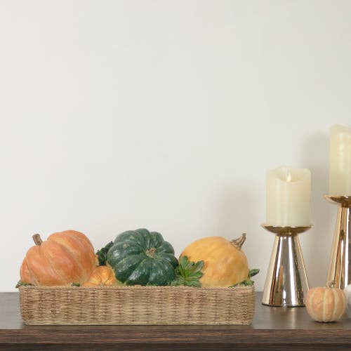 Northlight Faux Rattan Basket With Pumpkins Thanksgiving Decoration In Multi
