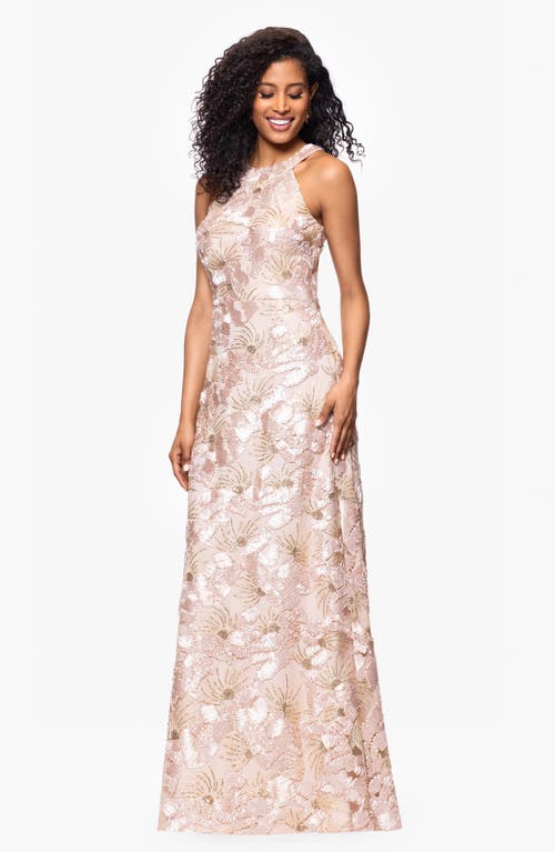 Betsy & Adam Sequin Floral Sleeveless Gown In Champagne