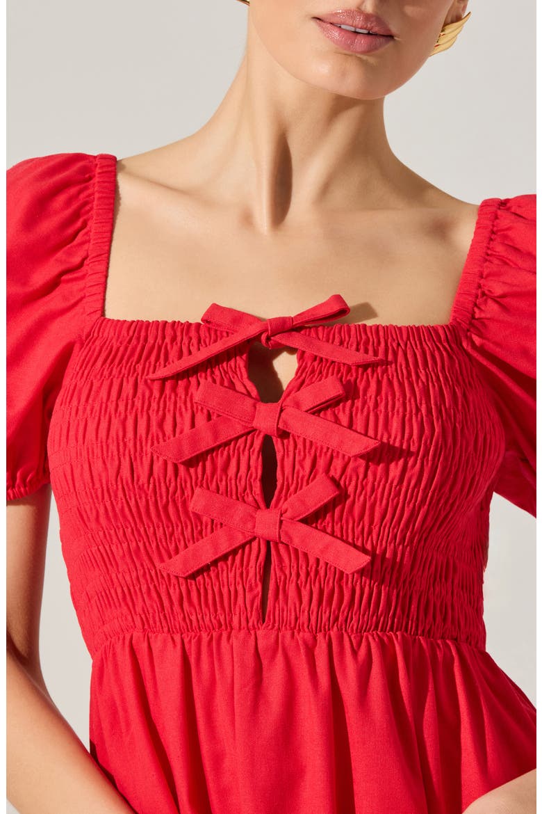 Bow Detail Smock Bodice Cotton Blend Dress, Alternate, color, RED