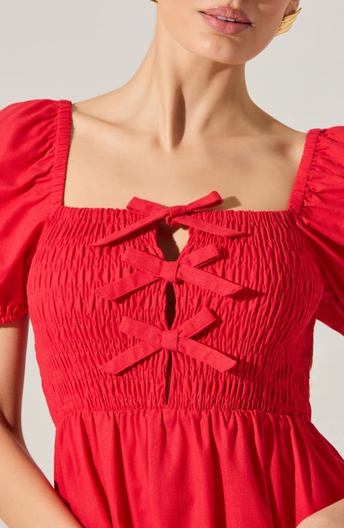 Astr The Label Bow Detail Smock Bodice Cotton Blend Dress In Red