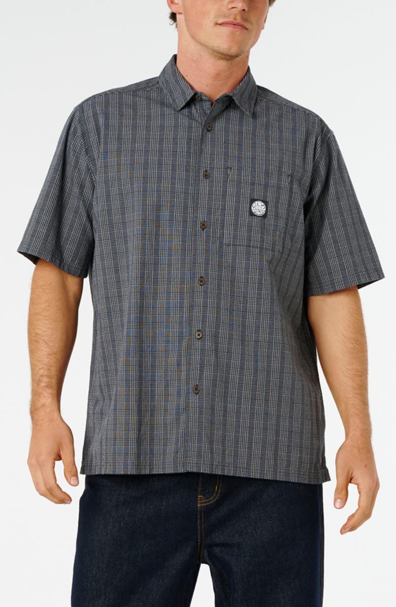 Rip Curl Premium Surf Check Short Sleeve Cotton Seersucker Button-Up Shirt, Main, color, Washed Black