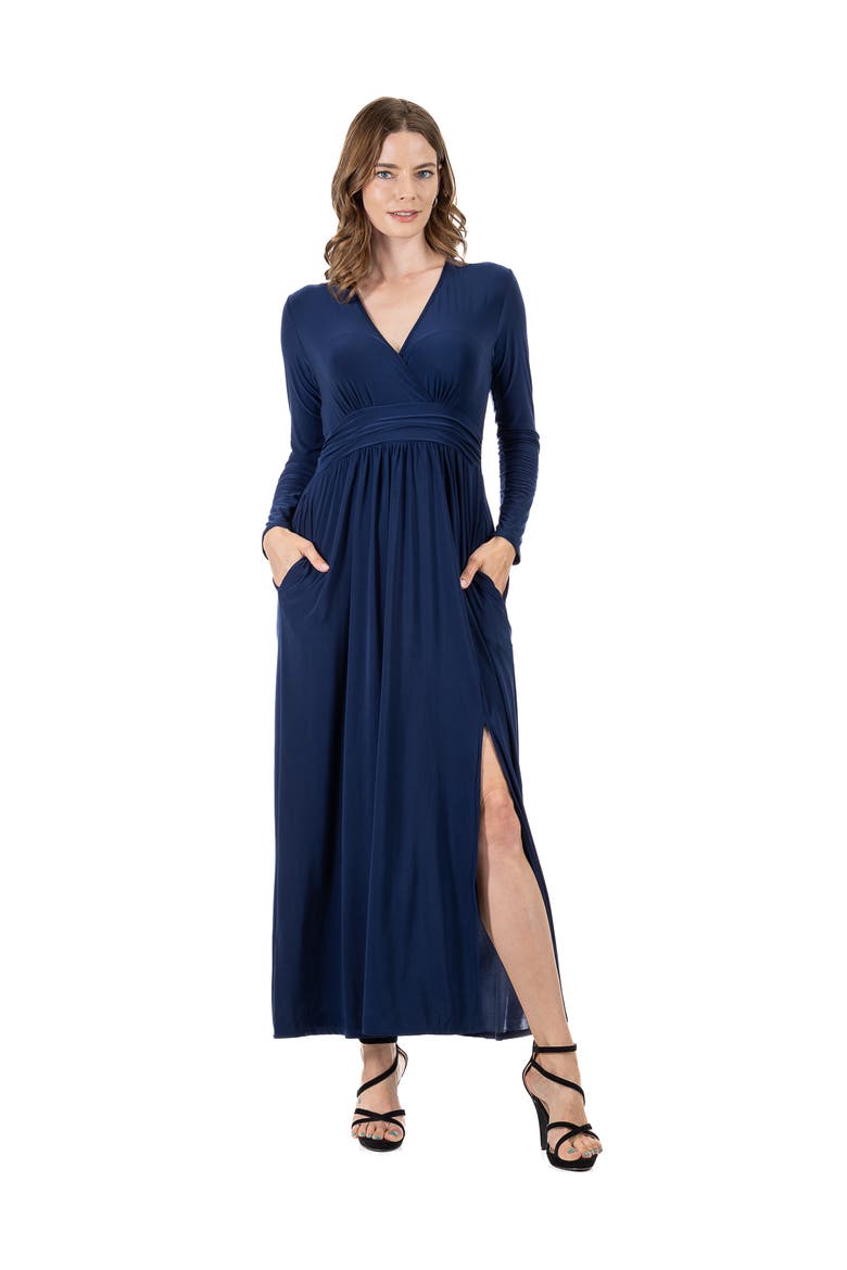 Womens Long Sleeve V-neck Side Slit Maxi Dress, Main, color, Navy