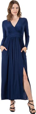 24seven Comfort Apparel Womens Long Sleeve V-neck Side Slit Maxi Dress