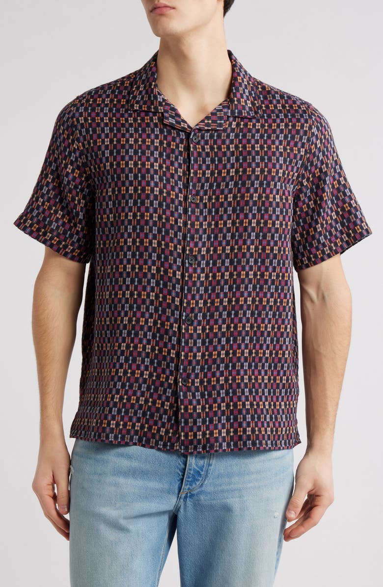 Wax London Didicot Mini Check Cotton Camp Shirt, Main, color, Navy / Multi