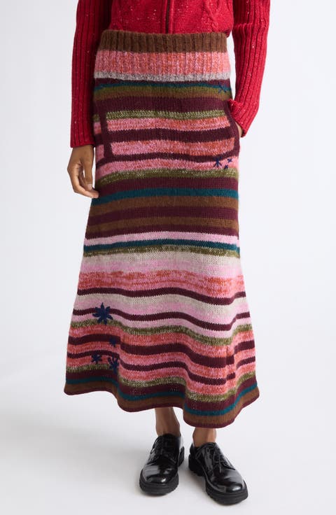 Embroidered Stripe Alpaca & Merino Wool Blend Sweater Skirt