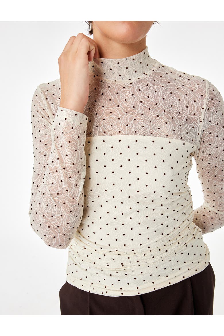 Long Sleeve High Neck Polka Dot Mesh Blouse, Alternate, color, ECRU DESIGN