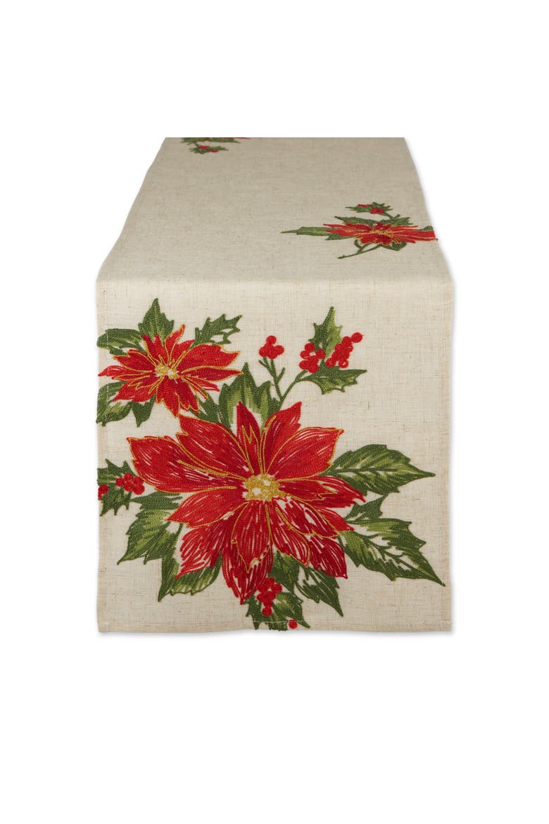 Poinsettia Holly Embroidered Table Runner, Main, color, Poinsettia Holly