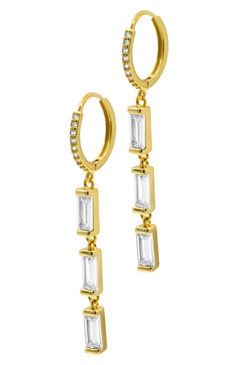 Baguette Cubic Zirconia Drop Huggie Hoop Earrings