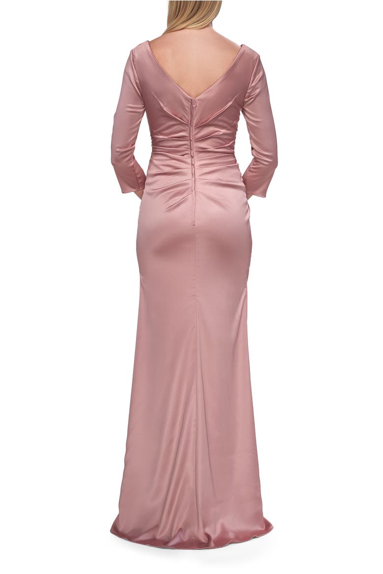 V-Neck Satin Gown with Ruched Bodice and Sleeves, Alternate, color, Mauve