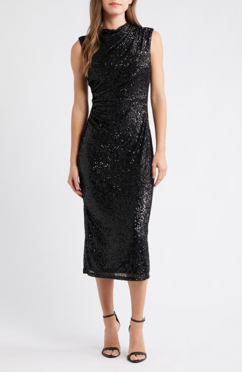 Draped Sleeveless Sequin Sheath Midi Dress