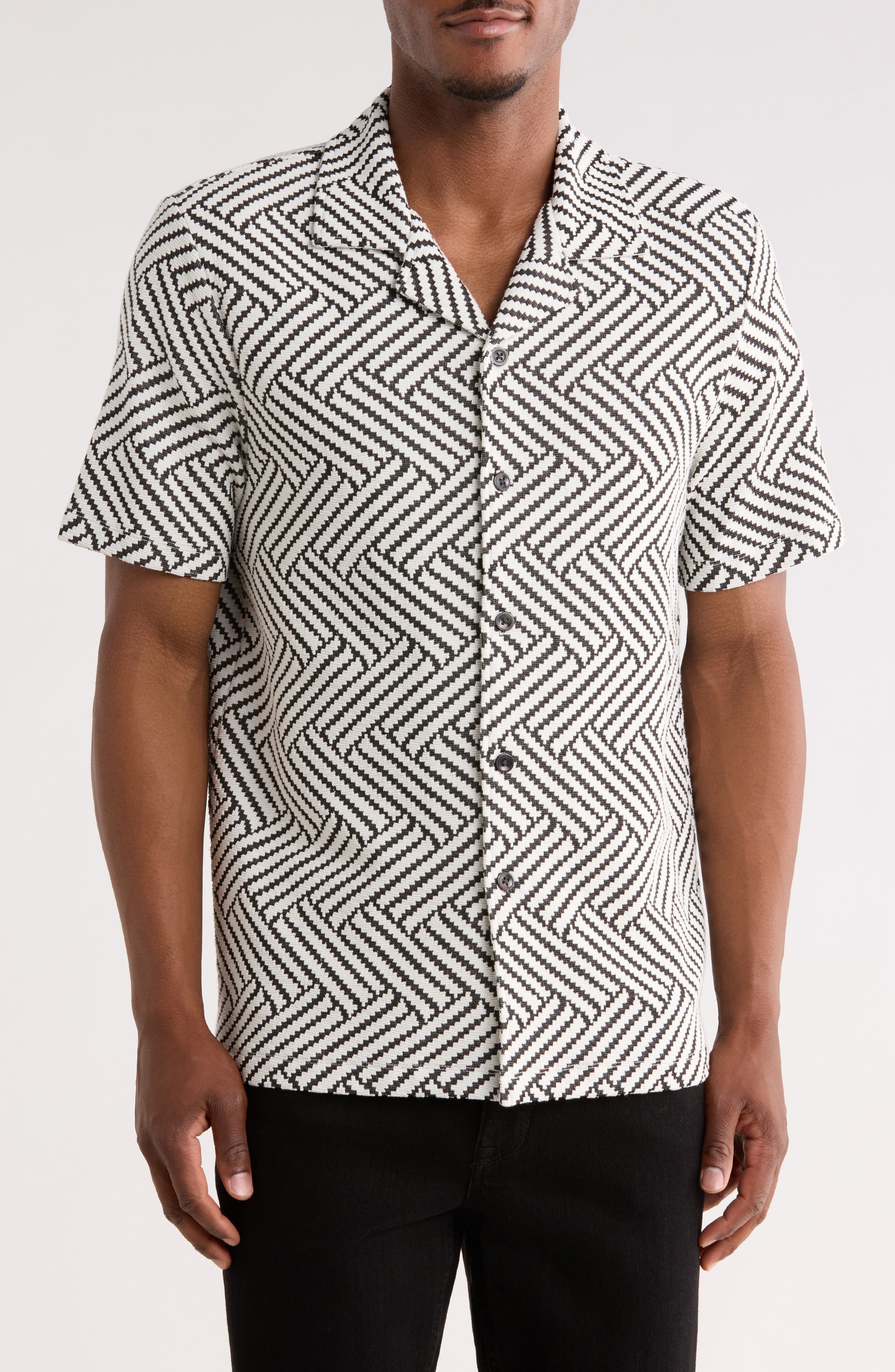 Geometric Jacquard Knit Camp Shirt