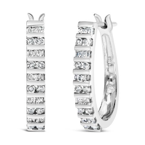 10K Gold 1.0 Cttw Alternating Diamond "U" Hoop Earrings