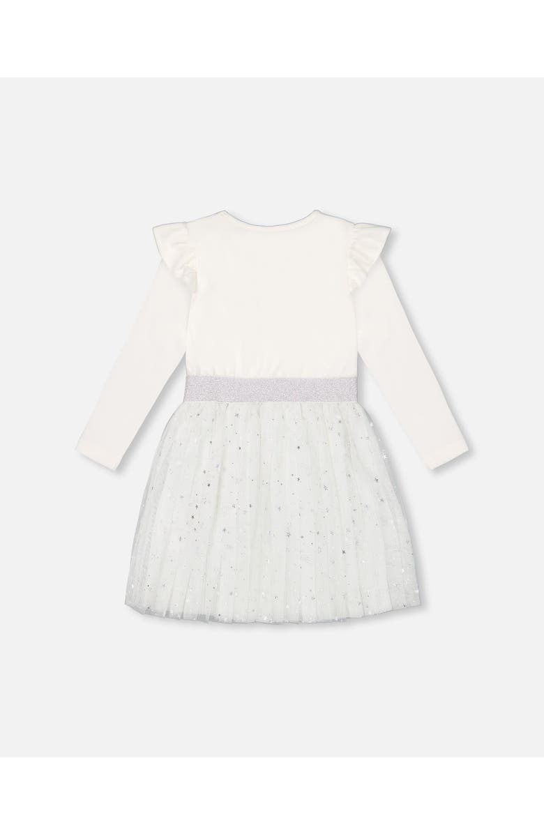 Deux par Deux Girl's Long Sleeve Dress With Glittering Tulle Skirt Off White, Alternate, color, 