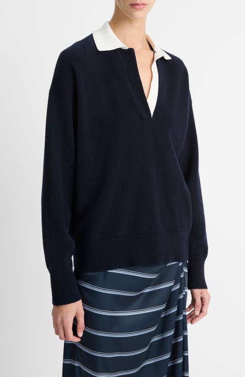 Wool & Cashmere Contrast Johnny Collar Sweater