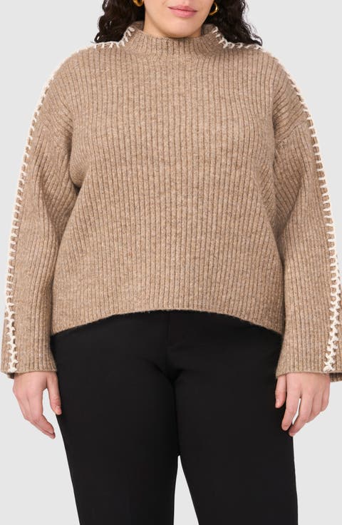 Blanket Stitch Accent Funnel Neck Rib Sweater (Plus)