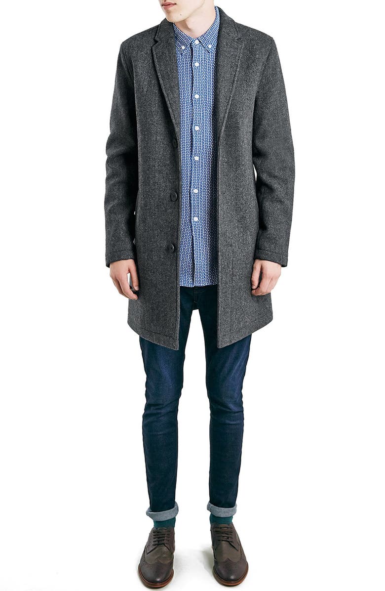 Topman Tweed Wool Blend Topcoat, Alternate, color,