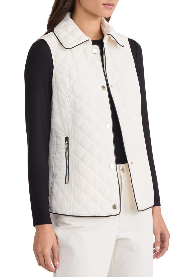 Quilted Faux Leather Trim Vest, Main, color, WHITE SAND/ JONES BLACK