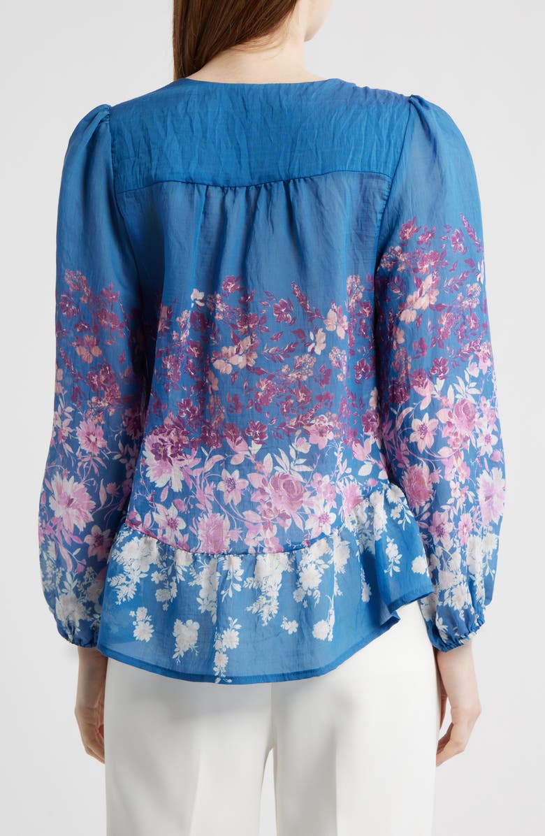 Tahari ASL Printed Ruffle Hem Top, Alternate, color, Blue Pink White