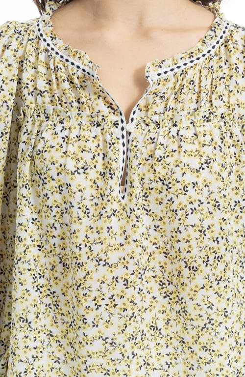 Max Studio Floral Three-quarter Bubble Sleeve Top In Ivory/yellow