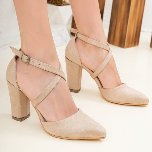 Forever & Always Shoes Sina Criss Cross High Block Heels In Beige Suede