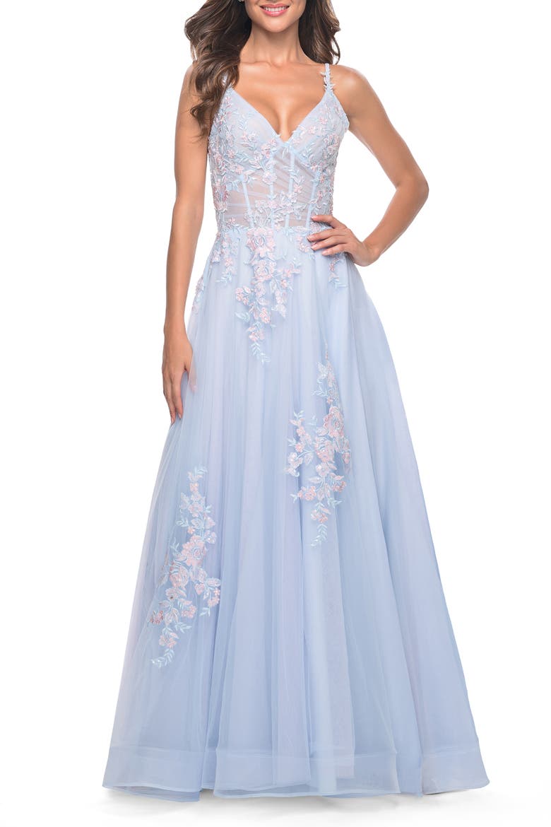 A-Line Tulle Prom Dress with Scattered Lace Applique, Alternate, color, Light Blue