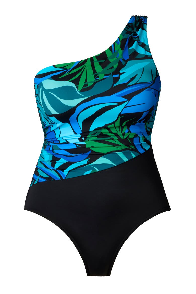 One-Shoulder One-Piece Swimsuit, Alternate, color, Leaf Sensation