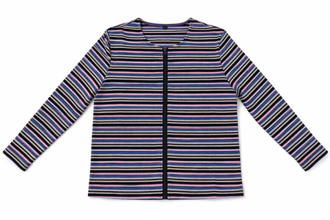 Zip Striped Long Sleeve Crewneck Top