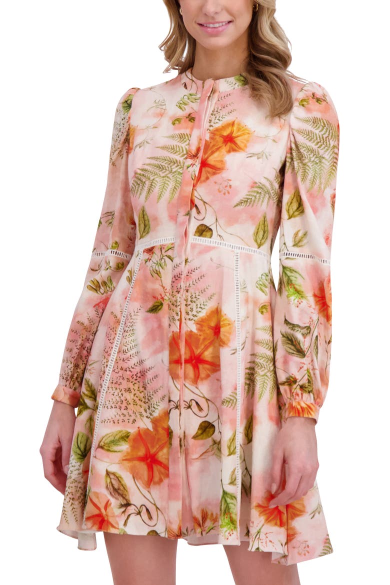 Floral Embroidered Long Sleeve Linen Button-Up Minidress, Alternate, color, ROSE GAUZE