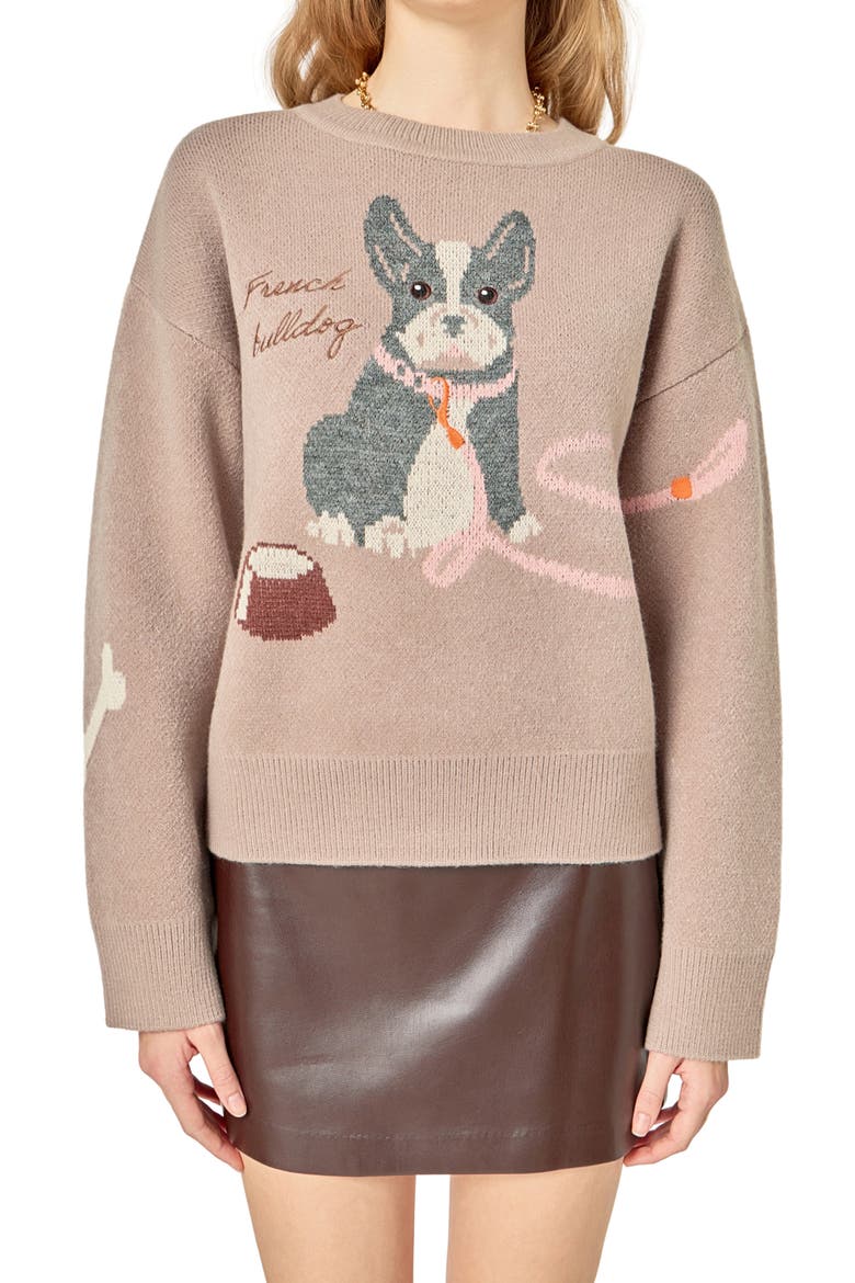 Embroidered French Bulldog Intarsia Sweater, Alternate, color, TAUPE MULTI