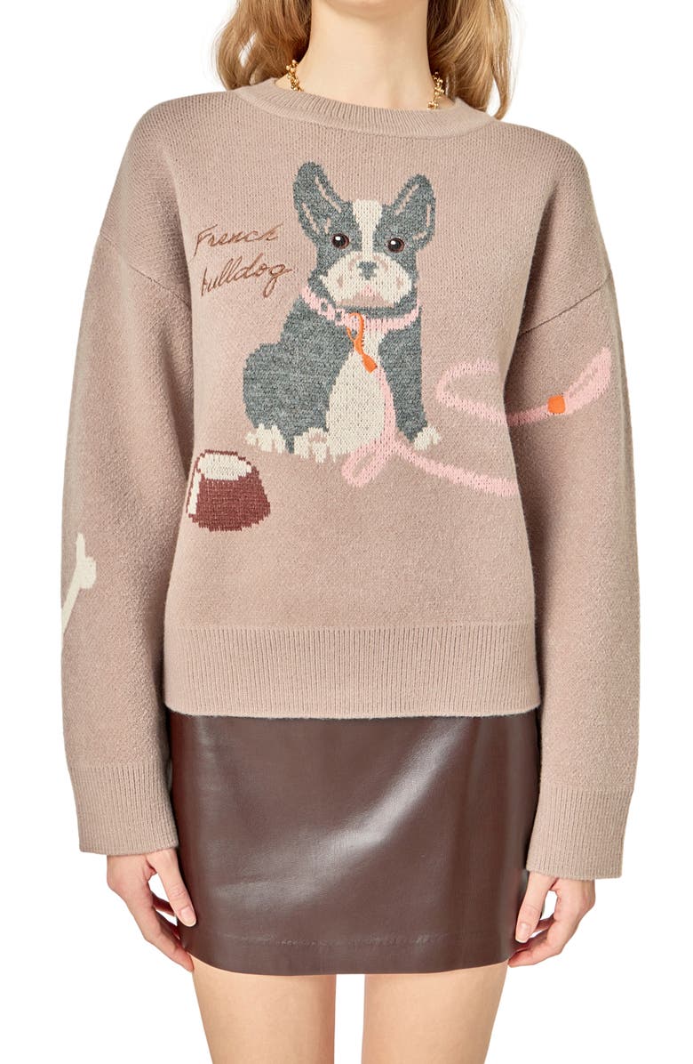 English Factory Embroidered French Bulldog Intarsia Sweater, Alternate, color, Taupe Multi