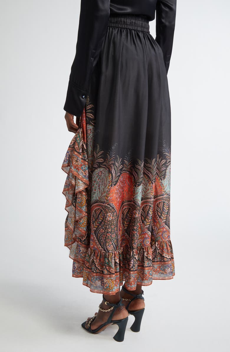 Zimmermann Rhiannon Paisley Print Ruffle Silk Maxi Skirt, Alternate, color, Black Paisley