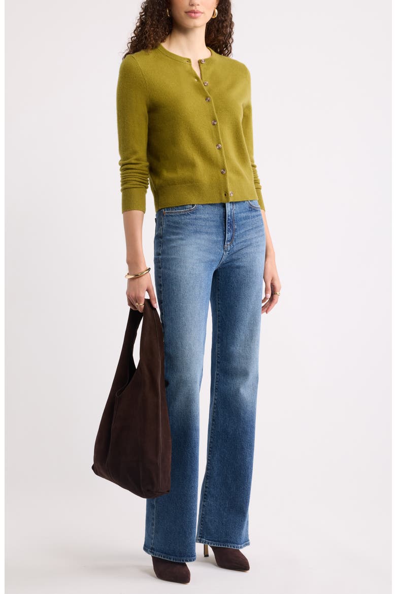 Cashmere Crewneck Cardigan, Alternate, color, OLIVE WOODLAND