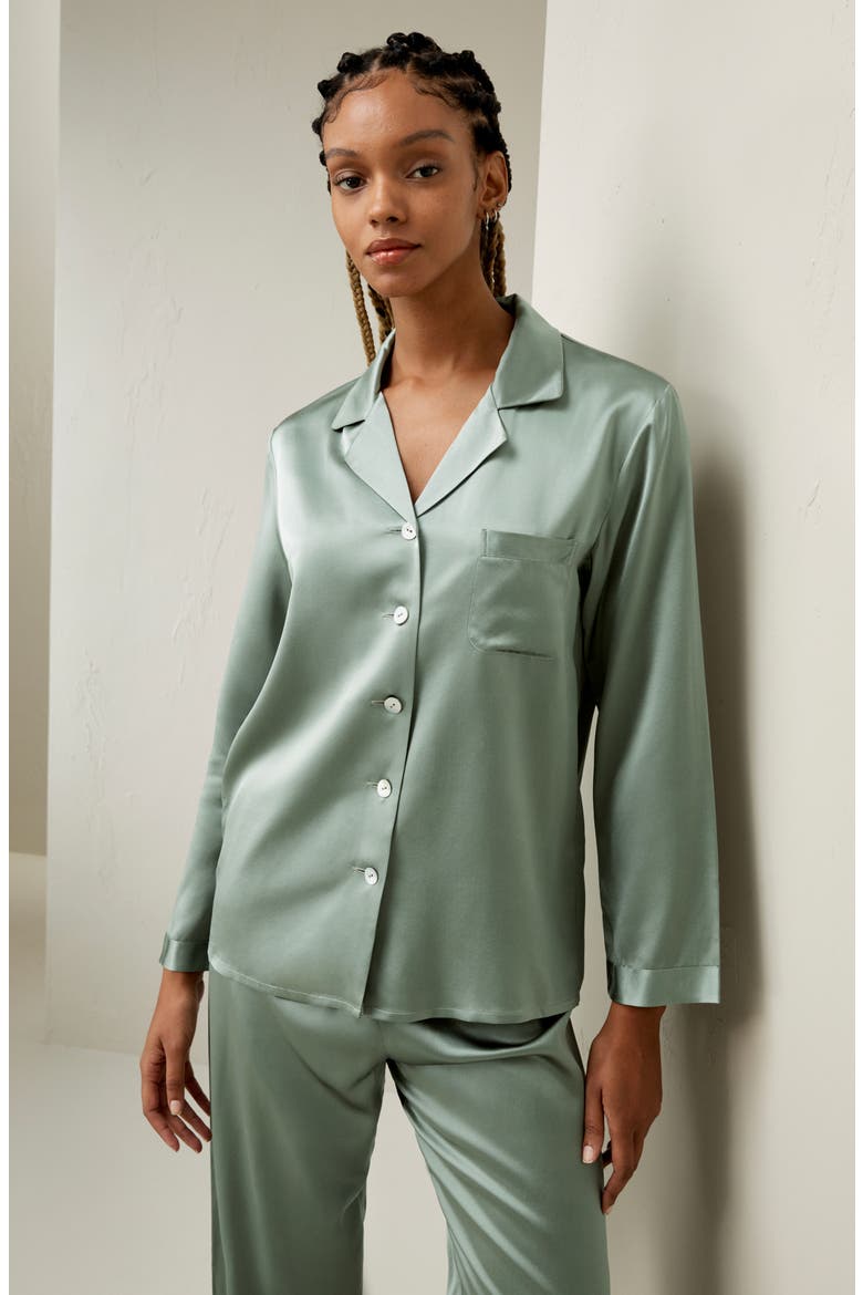 Women's Full Length Silk Pajamas Set, Alternate, color, Avocado Green
