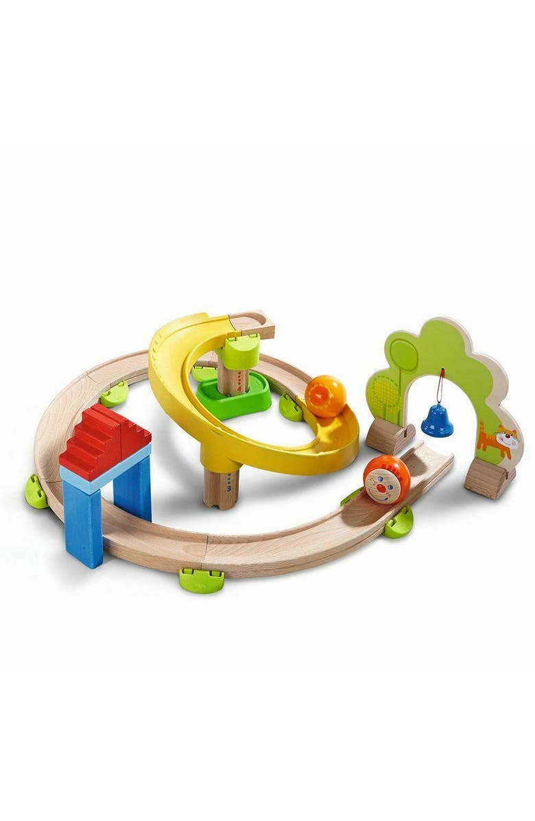 HABA Ball Run - Kullerbu Spiral Track, 26 Piece Wood & Plastic Marble Run Set with Wild Curves & Bell for Kids 2-8, STEM Toy Marble Maze Building Set, Main, color, Multi