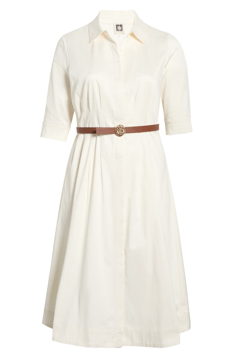 Anne Klein Belted Elbow Sleeve Stretch Cotton Sateen Shirtdress, Main, color, White Dove
