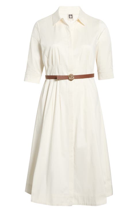 Belted Elbow Sleeve Stretch Cotton Sateen Shirtdress (Plus)
