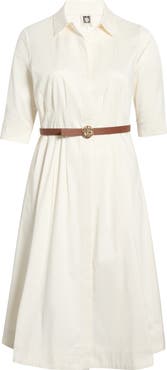Anne Klein Belted Elbow Sleeve Stretch Cotton Sateen Shirtdress