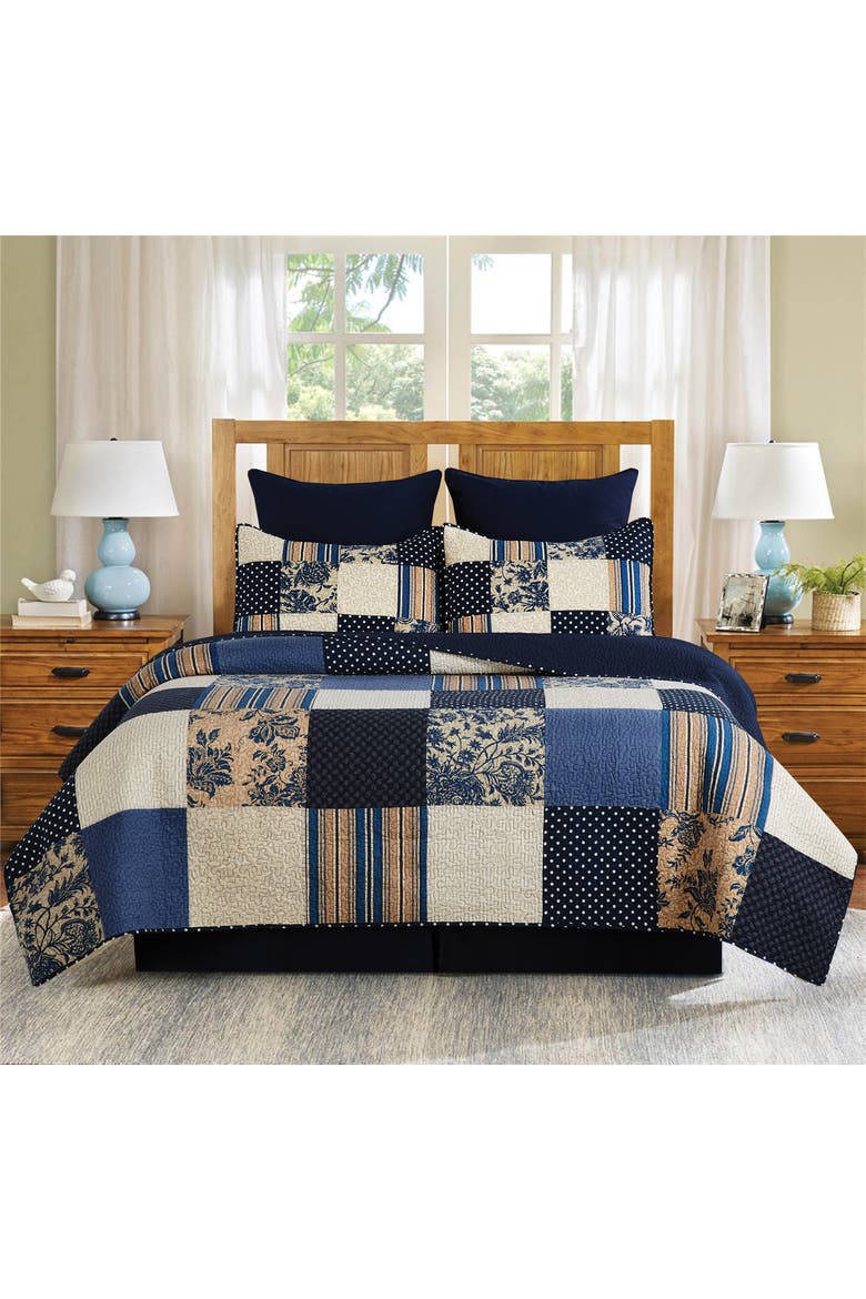 Julia Cotton Patchwork Quilt Set  - Reversible and Machine Washable, Alternate, color, Blue