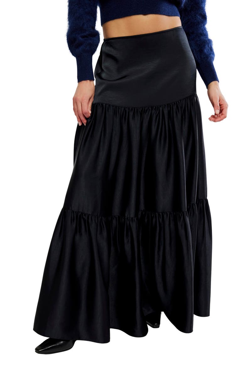 Juliette Satin Tiered Maxi Skirt, Main, color, BLACK