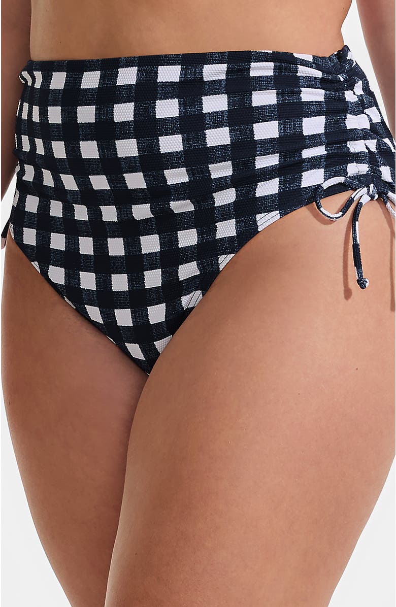 Lands' End Plus Size Pique High Waisted Adjustable Bikini Bottoms, Main, color, Navy Gingham Pique