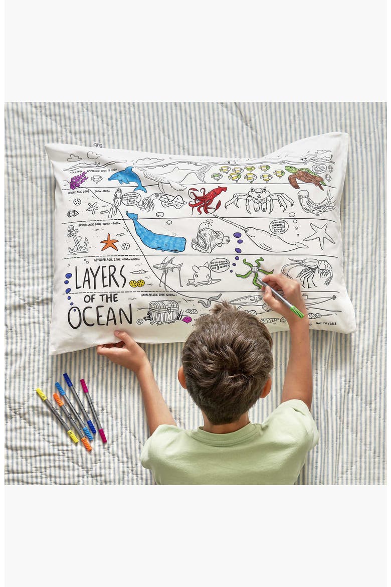 Color Your Own Pillowcase Under the Sea, Alternate, color, White With Black Outlines